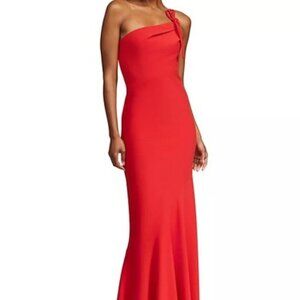 Halston Flame Red Sybil Ruffle Hem One-Shoulder Gown